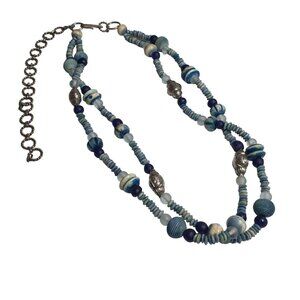 Handcrafted Necklace Double Strand Blue Silver Beaded Mixed Media Luxury Fashion